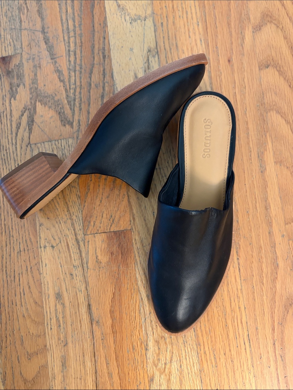 Soludos Black Leather Mules with Stacked Wood Heel